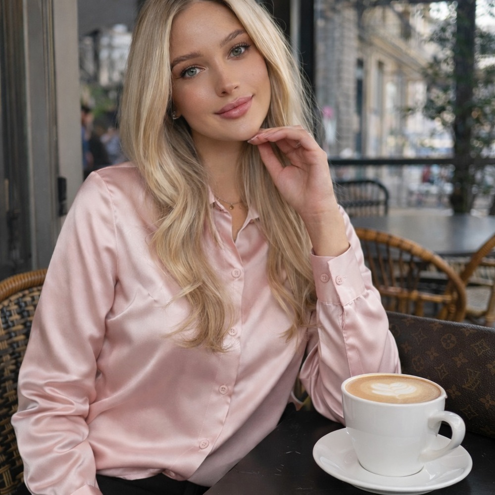 Button up silky satin long sleeve shirt baby pink light pink pastel